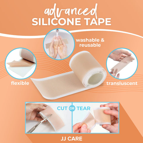 JJ CARE Soft Silicone Tape, 1.6” x 60” Flexible Silicone Scar Tape, Medical Grade Silicone Strips for Scars, Washable & Reusable Scar Tape for Surgical Scars, Latex-Free Scar Tape